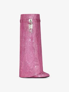 Shark Lock boots in satin with strass - neon pink | Givenchy US Pink Zara Boots, Long Sparkling Boots, Luxury Miu Miu Party Heels, Ysl Glitter Boots, Guvenchy Shark Boots, Shark Lock Boots, Lock Boots, Givenchy Shark, Almond Toe Boots