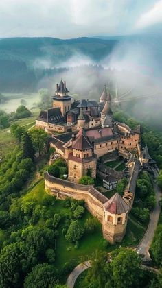 an aerial view of a castle surrounded by trees