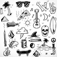 a bunch of different items that are drawn in black and white