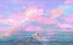 a person in a boat floating on the ocean under a sky filled with stars and clouds