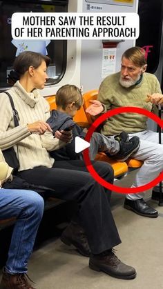 a man sitting on a train next to two women and a child with a red circle around them