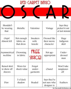 a red carpet bingo game with the words oscar and free space