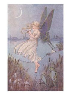 an image of a fairy with wings flying over the water and moon in the sky