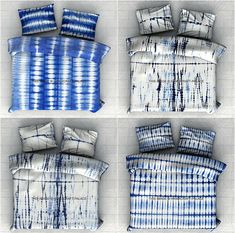 four different types of bedding with blue and white designs on them, all in various sizes