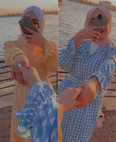 two pictures of a woman wearing a hijab and holding a cell phone