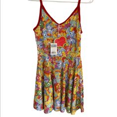 What A Perfect Outfit To Wear On Your Special Valentines Date! From Iron Fist Collaboration With Care Bears, This Is The Lots Of Rainbows Dress. It Has A Velour Type Fabric And Red Velvet Trim And Adjustable Straps. Medium 14” Across Chest 34” Long Large- 15” Across Chest 36” Long Fun Fitted Printed Dresses, Playful Fitted Multicolor Sundress, Fun Yellow Sleeveless Dress, Fun Fitted Red Dress, Fun Graphic Print Summer Dresses, Cute Valentines Day, Cute Valentines, Rainbow Dress, Iron Fist