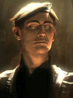 a digital painting of a man with yellow eyes