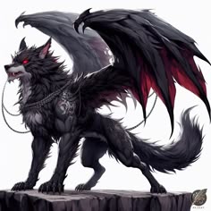 a black wolf with red eyes standing on top of a cliff next to a chain