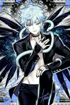 an anime character with white hair and blue eyes, wearing black clothes holding a snake around his neck