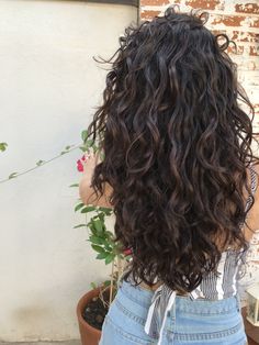 Perm On Thick Long Hair, Dark Brown Hair Wavy Natural, Natural Wavy Hair Color Ideas, Natural Dark Brown Hair With Dimension, Dark Brown Permed Hair, Dark Permed Hair, Wavy Perm Loose Long Hair, Haircuts For Long Wavy Curly Hair, Thick Curly Wavy Haircut