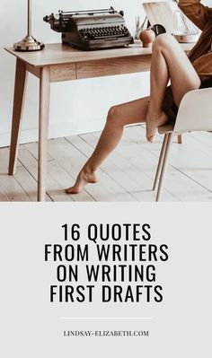 a woman sitting at a desk with an old typewriter on it and the words, 16