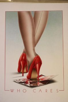 a painting of a woman's legs with red high heeled shoes on it