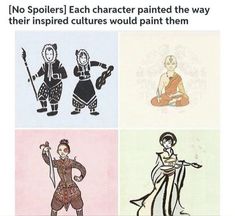 four different types of cartoon characters with caption that reads, no spoils each character painted the way their inspired culture would paint them