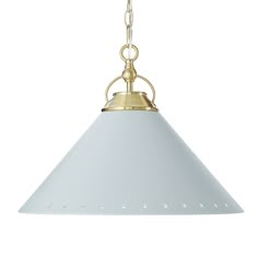 a light fixture with a white shade hanging from it's side on a white background