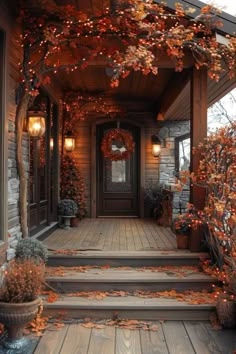 the front porch is decorated with fall leaves