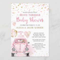 a pink and gold baby shower is shown with the words drive through baby shower on it