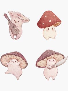 four different types of mushrooms are shown in this illustration, including one with a guitar