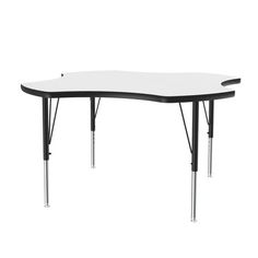 an oval shaped table with two legs and a white surface on the top, against a white background