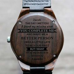 Personalize with one line of text above the quote and one line of text belowEngraved on the back of the watch caseCase crafted of black sandalwoodQuartz movementIncludes adjustable 1" W brown leather adjustable wristbandWristband adjusts from 5" to 10"Watch face measures 1.75" in diameterImported  Our All My Lasts Engraved Sandalwood Watch is makes a thoughtful, loving gift for your husband. Featuring a sentimental quote engraved on the back, this watch is perfect for a birth Message For Your Boyfriend, Sentimental Quotes, Box For Gift, Engraved Watch, Personalized Watches, You Complete Me, Watch Engraving, Watch Boxes, Loving Gifts