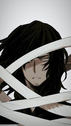 an anime character with long black hair holding two swords in front of his face and looking at the camera