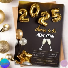 a new year's eve party flyer with balloons and confetti on the table