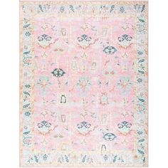 a pink and blue rug with an ornate design