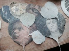 four leaves with faces on them sitting on a table