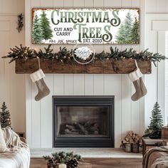 a christmas fireplace with stockings hanging from the mantel