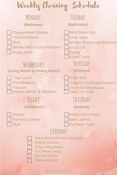 a pink and green cleaning checklist with the words, weekly cleaning schedule on it