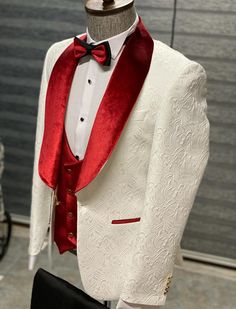 Available Size: 46-48-50-52-54-56 Suit Material: 70% Wool, 30% Viscose Machine Washable: No Fitting: Slim-Fit Cutting: Double Slits, Two Button Package Include: Suit Clothes: Jacket, Vest and Pants Gifts: Shirt and Bow Tie Designer Tuxedo, Tuxedo Colors, Red Tuxedo, White Tux, Velvet Tuxedo, Velvet Shawl, Pants Gift, White Tuxedo, Prom Suits