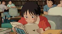 an anime character reading a book in front of other people sitting at desks and eating