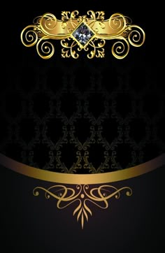 a black and gold background with an ornate design on the bottom, and a diamond in the center