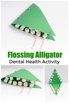 a green paper alligator with white balls in it's mouth and the words flossing alligator dental health activity