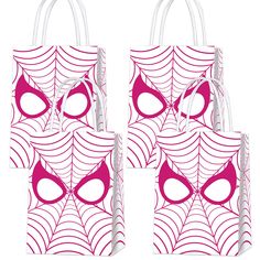 three bags with pink and white spider webs on them, one has a pair of eyes