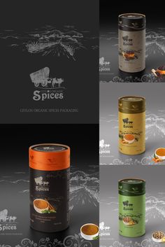 the packaging design for spices is shown in four different colors