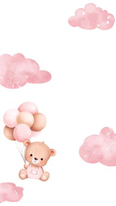 a teddy bear flying in the sky with balloons