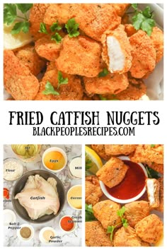 fried catfish nuggets with sauces and condiments