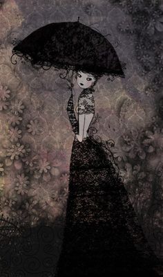 a drawing of a woman holding an umbrella over her head in front of a floral background