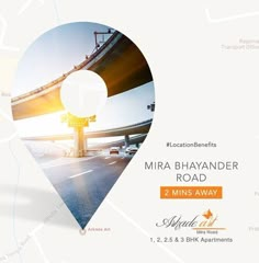 a map pin with the words mira bhayander road and an image of a bridge