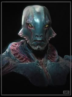 an alien creature with yellow eyes and blue skin