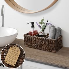 a bathroom sink with soap and lotion in it next to a wooden counter top