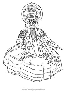 Kathakali Kerala India Coloring Page Kathakali Dance Drawing, Types Of Sketching Styles, Kathakali Mandala Art, Kathakali Drawing Easy, Kathakali Illustration, Kathakali Face Drawing Outline, Kathakali Sketch