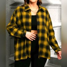 New Plus Size Plaid Print Long Sleeve Button Up Shirt, Size 1x, 25 In P2p, 100% Polyester Casual Yellow Shirt For Fall, Trendy Yellow Shirt For Fall, Trendy Yellow Fall Shirt, Oversized Yellow Collared Tops, Oversized Yellow Tops With Button Closure, Yellow Shirt With Button Closure For Fall, Trendy Yellow Button-up Shirt, Plus Size Plaid, Blue Drapes