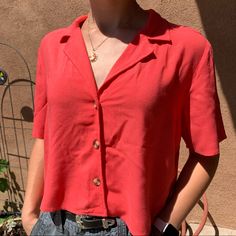 Bright Red Cropped Shirt. So Cute And Comfortable For Casual Wear. Flowy Fabric. Great With Jeans Or A Skirt. Never Worn. Too Big For Me. -In Excellent Condition -From A Smoke Free House -Ready To Wear- Just Washed And Ironed -Make Me An Offer! Casual Collared Rayon Shirt, Casual Rayon Collared Shirt, Red Button-up Summer Top, Red Collared Top For Summer, Red Button-up Top For Summer, Red Vacation Top With Button Closure, Red Vacation Tops With Button Closure, Vacation Collared Rayon Tops, Casual Collared Beach Blouse