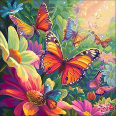 a painting of butterflies flying over flowers