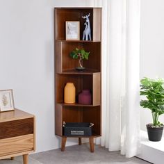 the corner shelf is made from wood and has three shelves on each side, one with bookshelves