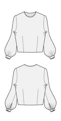 the front and back views of a top with puffy sleeves, shown in black and white