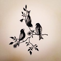 two birds sitting on a branch with leaves and flowers painted on the wall behind them