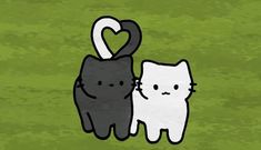 two black and white cats standing next to each other on a green background with a heart