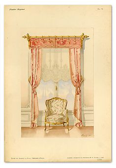 an antique drawing of a chair in front of a window with pink drapes and curtains